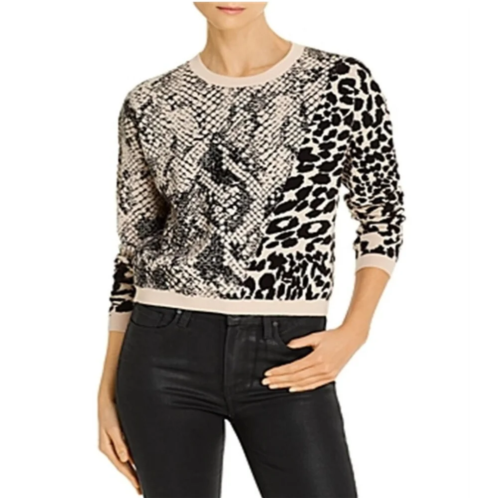 Guess Tamelia Black Cream Animal Print Cropped Sweater Size Large - Picture 2 of 15